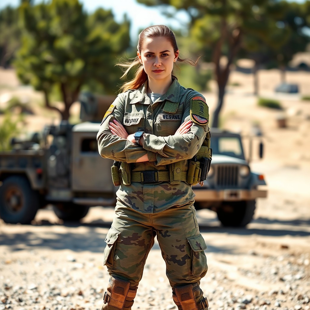 A strong, determined female soldier in a military environment, wearing camouflage socks as part of her uniform
