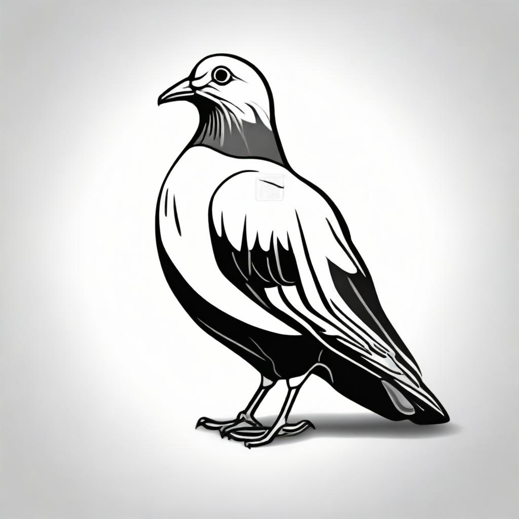 A 3D Pigeon in a simplistic, high contrast, vector style line art, depicted in black and white.