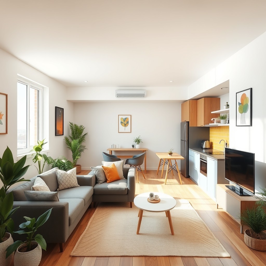 An interior design of a social housing unit featuring a cozy living room with modern furnishings, a small but efficient kitchen with contemporary appliances, warm color tones, and natural light streaming through large windows