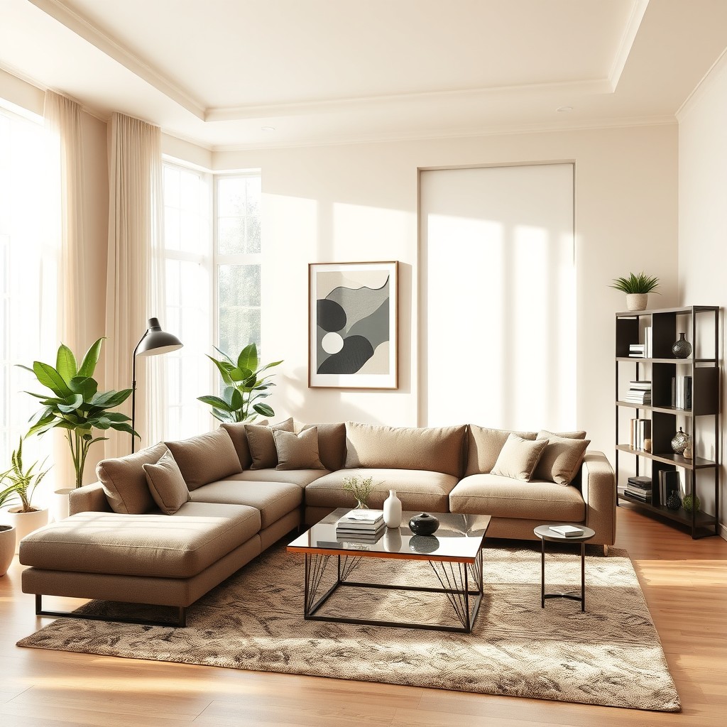 An elegant interior design of a modern living room, featuring a stylish sectional sofa in muted tones, a chic coffee table made of glass and metal, and a plush area rug