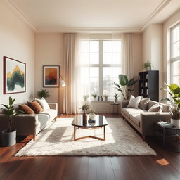 An elegant interior design of a modern living room, featuring a stylish sectional sofa in muted tones, a chic coffee table made of glass and metal, and a plush area rug
