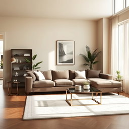 An elegant interior design of a modern living room, featuring a stylish sectional sofa in muted tones, a chic coffee table made of glass and metal, and a plush area rug