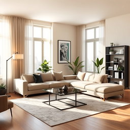 An elegant interior design of a modern living room, featuring a stylish sectional sofa in muted tones, a chic coffee table made of glass and metal, and a plush area rug