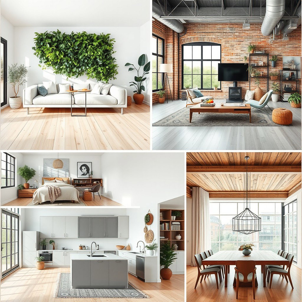 A collection of interior design images featuring various styles of modern living spaces