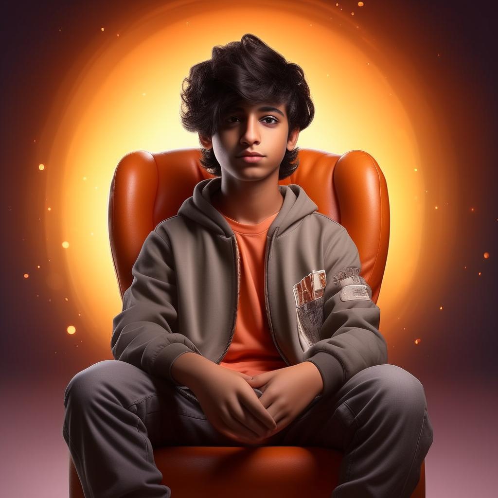 Generate a realistic image of a modern-dressed boy sitting on a YouTube logo chair. The background should be a mockup of his Snapchat profile named 'Waqar Ahmed' with the profile picture matching the character. Light should be softly reflected.