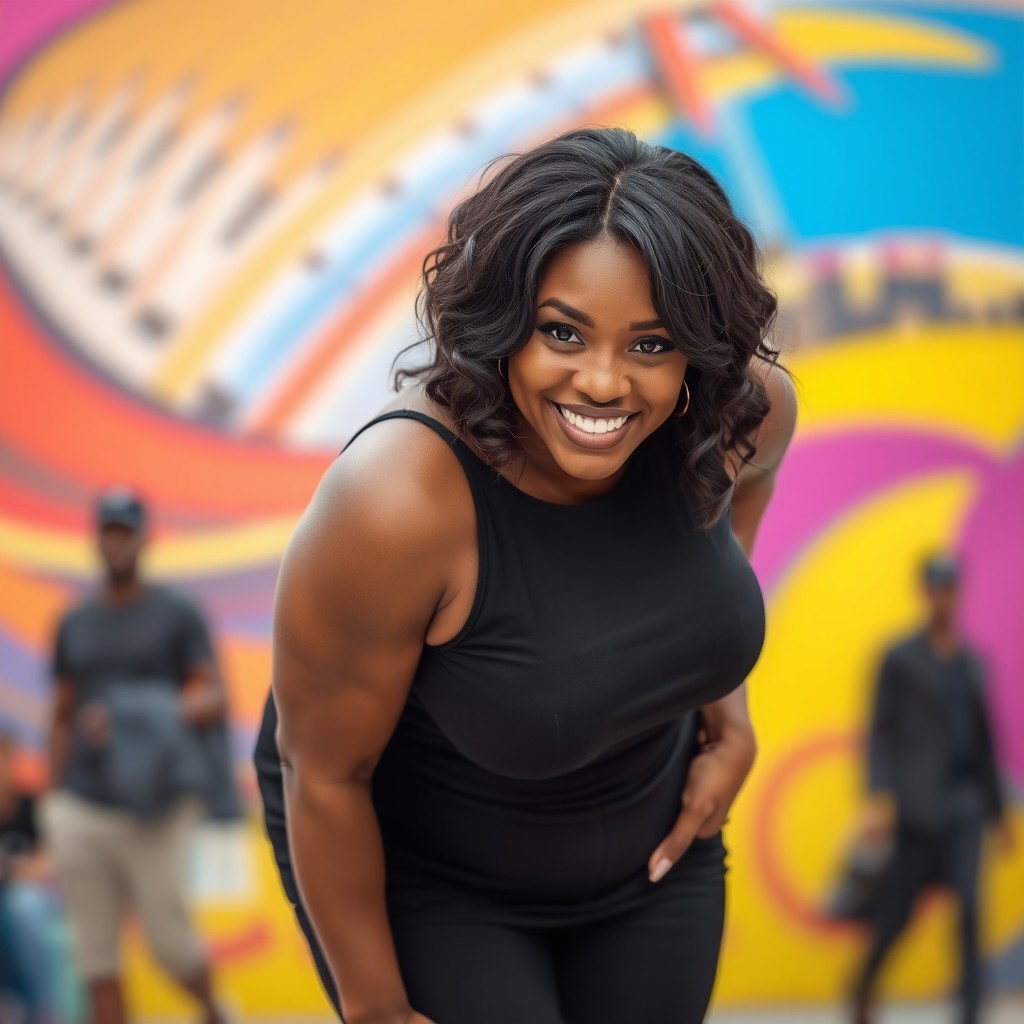 A confident and curvy Black woman bending over, showcasing her beautiful curves