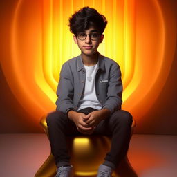 Generate a realistic image of a modern-dressed boy sitting on a YouTube logo chair. The background should be a mockup of his Snapchat profile named 'Waqar Ahmed' with the profile picture matching the character. Light should be softly reflected.