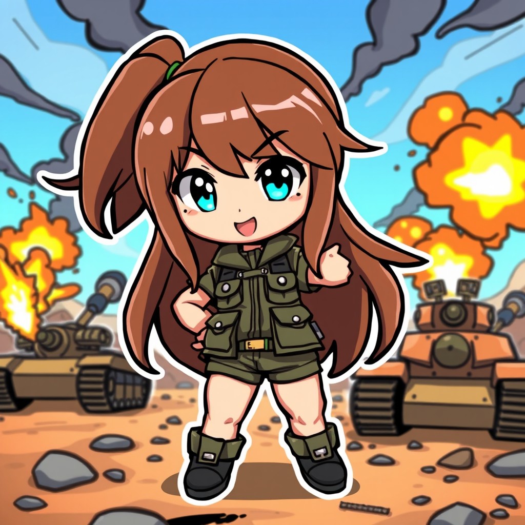 A chibi character inspired by Metal Slug X, featuring a girl with long hair
