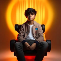 Generate a realistic image of a modern-dressed boy sitting on a YouTube logo chair. The background should be a mockup of his Snapchat profile named 'Waqar Ahmed' with the profile picture matching the character. Light should be softly reflected.