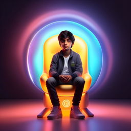 Generate a realistic image of a modern-dressed boy sitting on a YouTube logo chair. The background should be a mockup of his Snapchat profile named 'Waqar Ahmed' with the profile picture matching the character. Light should be softly reflected.