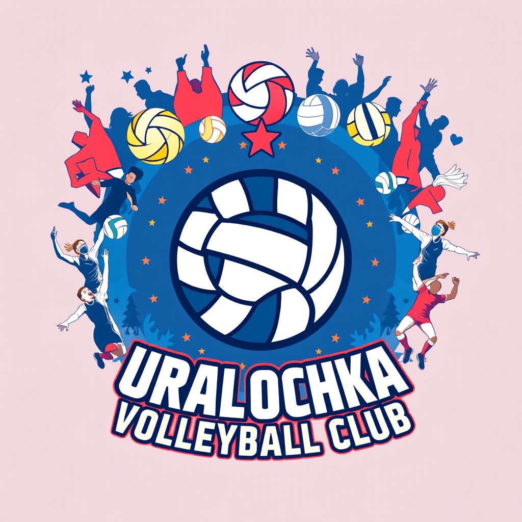 A vibrant and colorful t-shirt design for fans of the Uralochka Volleyball Club, featuring the club's logo prominently displayed in the center