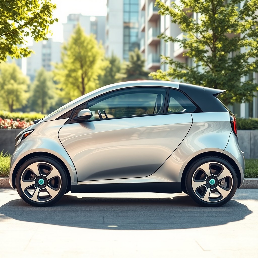 A compact electric vehicle (EV) designed with sleek lines and a futuristic look, featuring a shiny metallic paint finish and aerodynamic shape