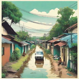 Create a striking poster encapsulating a barangay scene with focus on a dim, secluded road lined with sporadic homes on the left, adjacent to a slightly grimy canal. The scene speaks volumes about the side-effects of urbanization.