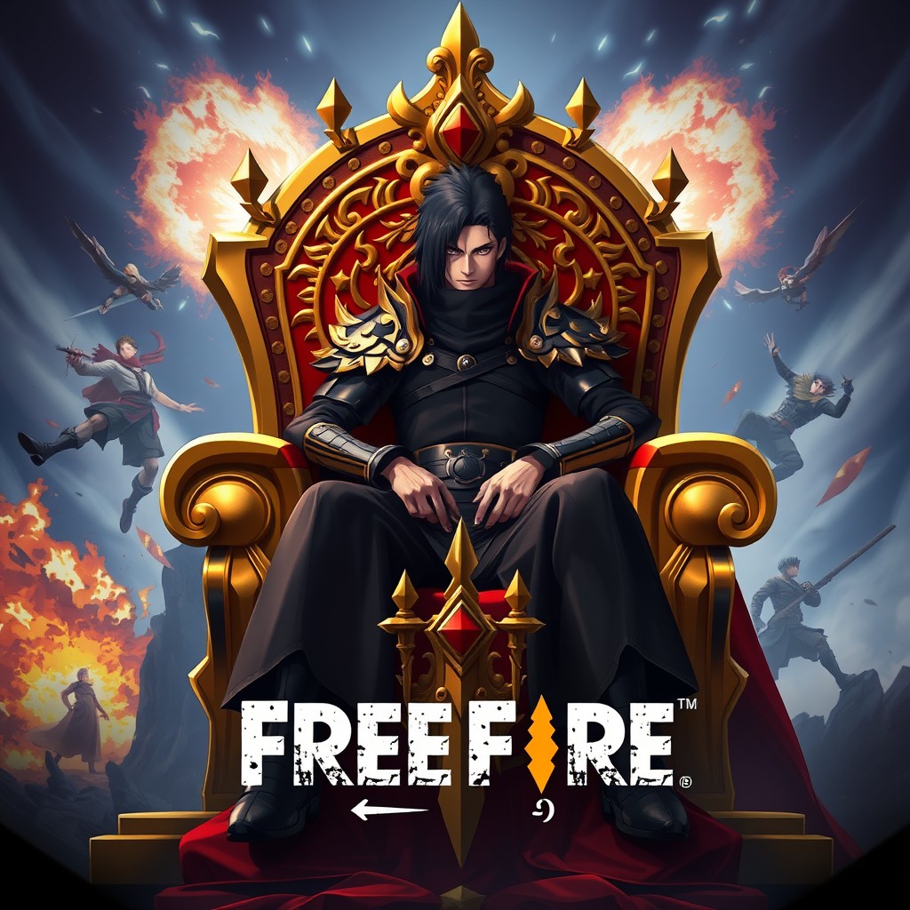A stunning thumbnail for Free Fire featuring Madara Uchiha sitting majestically on a golden throne