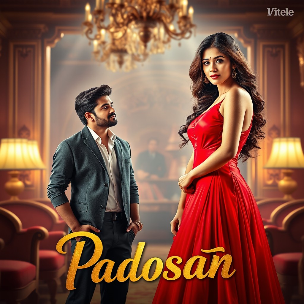 A glamorous Bollywood-style poster featuring a beautiful young woman in a stunning red dress, standing confidently in a luxurious room filled with elegant decor