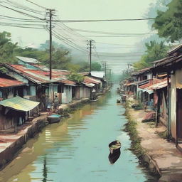 Create a striking poster encapsulating a barangay scene with focus on a dim, secluded road lined with sporadic homes on the left, adjacent to a slightly grimy canal. The scene speaks volumes about the side-effects of urbanization.