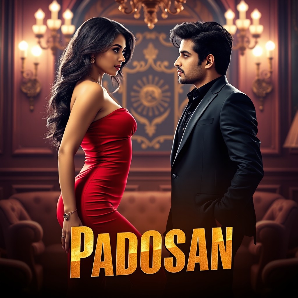 A glamorous Bollywood-style movie poster featuring a stunning young woman in a tight red dress showcasing her elegant curves, standing confidently in a luxurious room with rich decor