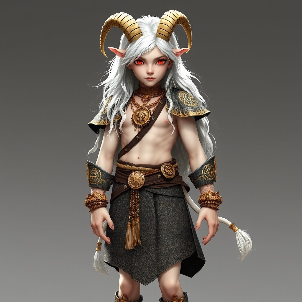 A full-grown young satyr male with long flowing white hair and very light skin, his striking red eyes glisten as he stands confidently