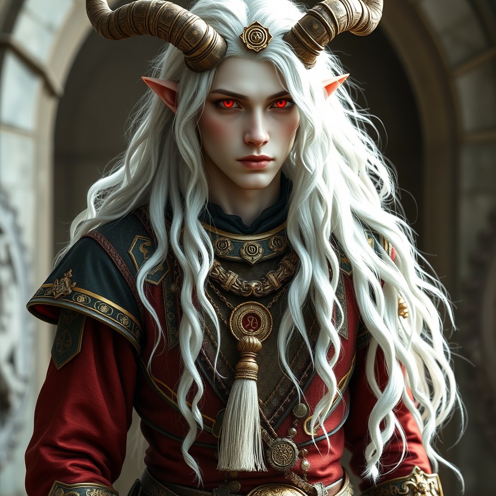 A full-grown satyr male with long white hair and very light skin, his deep red eyes glowing with an otherworldly charm