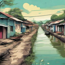 Create a striking poster encapsulating a barangay scene with focus on a dim, secluded road lined with sporadic homes on the left, adjacent to a slightly grimy canal. The scene speaks volumes about the side-effects of urbanization.