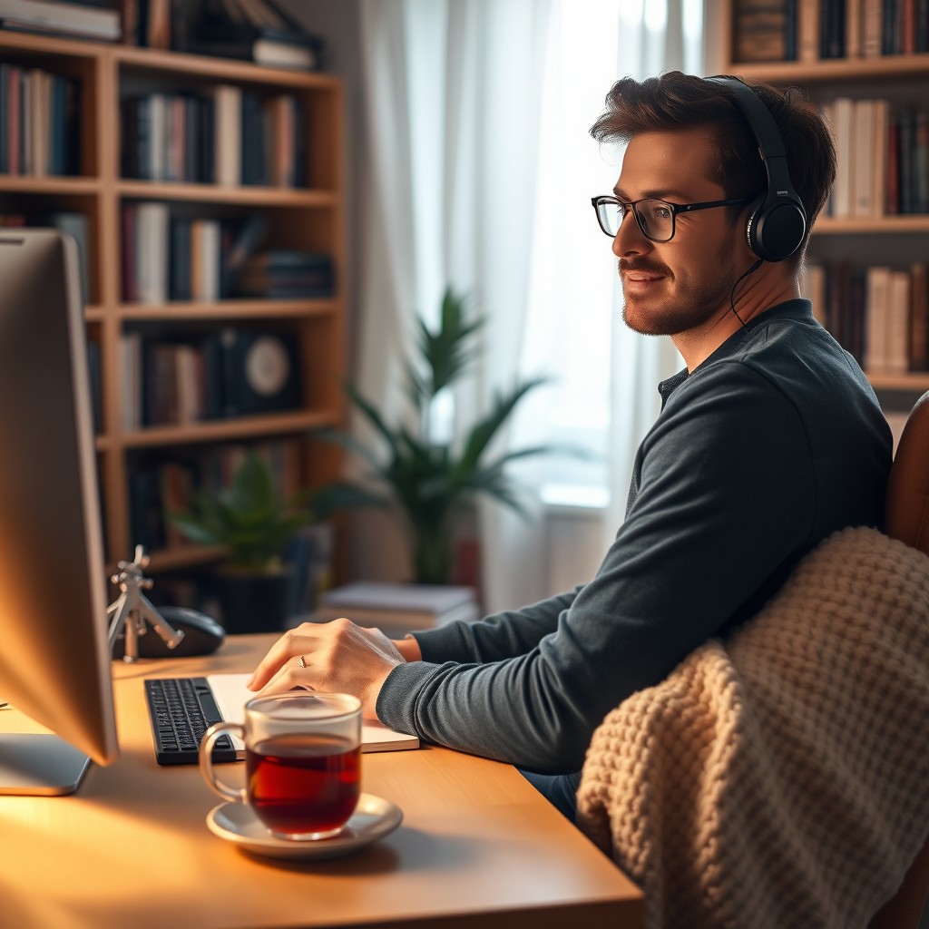 A 30-year-old man sitting at a desk in front of a computer, deeply focused on studying