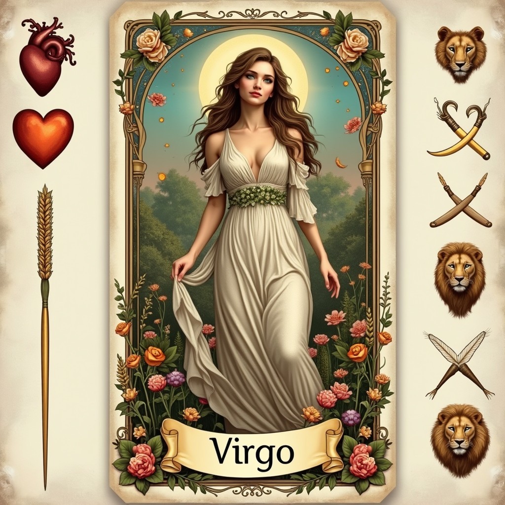 A beautifully designed prototype of a tarot card featuring the astrological sign of Virgo as the central figure