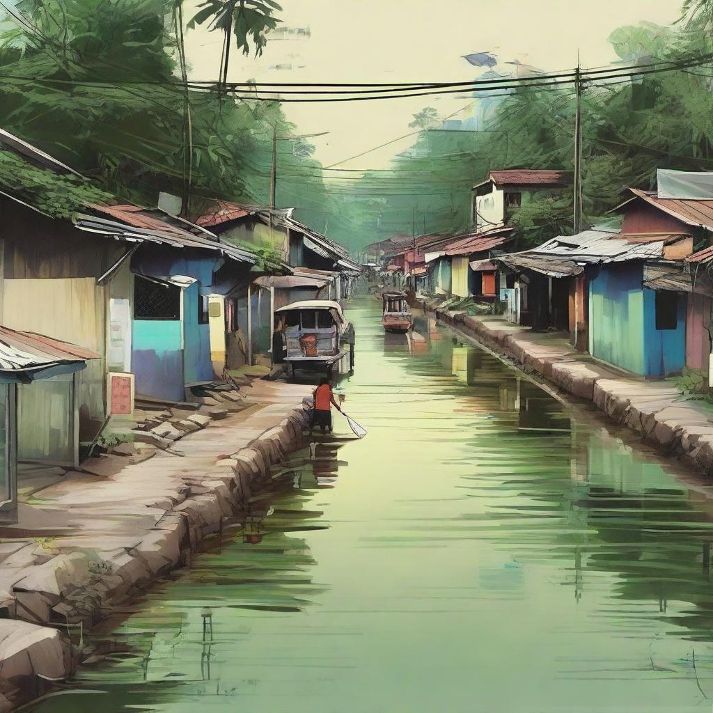 Create a striking poster encapsulating a barangay scene with focus on a dim, secluded road lined with sporadic homes on the left, adjacent to a slightly grimy canal. The scene speaks volumes about the side-effects of urbanization.