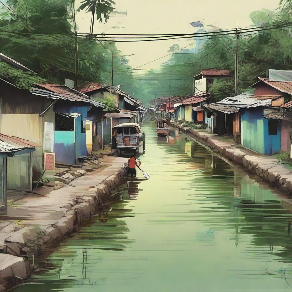 Create a striking poster encapsulating a barangay scene with focus on a dim, secluded road lined with sporadic homes on the left, adjacent to a slightly grimy canal. The scene speaks volumes about the side-effects of urbanization.