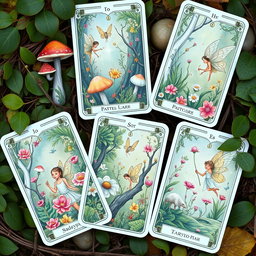 A beautifully illustrated set of tarot cards inspired by fairycore themes, depicting enchanting woodland scenes with whimsical fairies, lush greenery, vibrant flowers, and mystical creatures