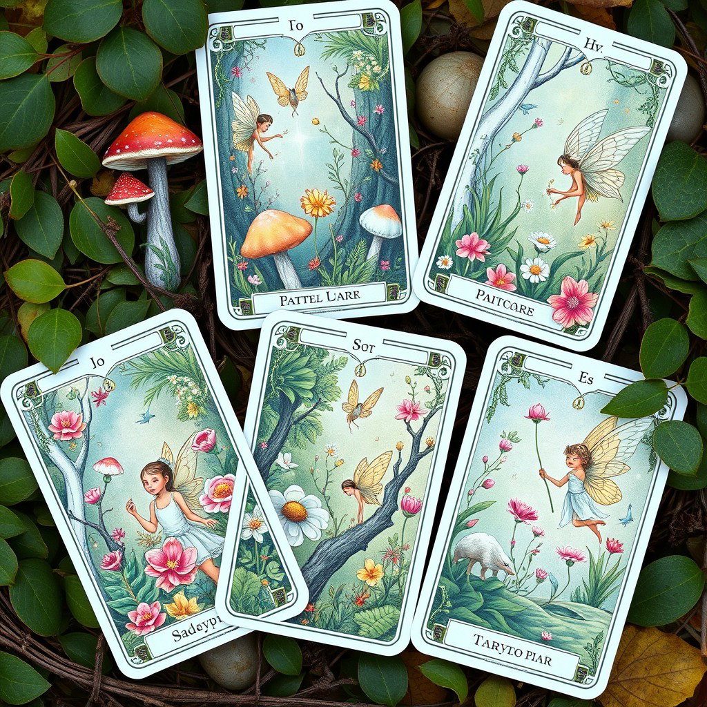 A beautifully illustrated set of tarot cards inspired by fairycore themes, depicting enchanting woodland scenes with whimsical fairies, lush greenery, vibrant flowers, and mystical creatures