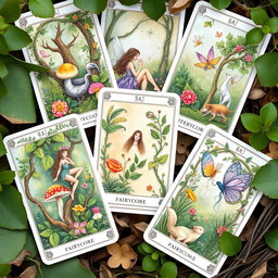 A beautifully illustrated set of tarot cards inspired by fairycore themes, depicting enchanting woodland scenes with whimsical fairies, lush greenery, vibrant flowers, and mystical creatures