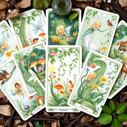 A beautifully illustrated set of tarot cards inspired by fairycore themes, depicting enchanting woodland scenes with whimsical fairies, lush greenery, vibrant flowers, and mystical creatures