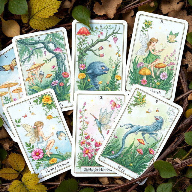A beautifully illustrated set of tarot cards inspired by fairycore themes, depicting enchanting woodland scenes with whimsical fairies, lush greenery, vibrant flowers, and mystical creatures