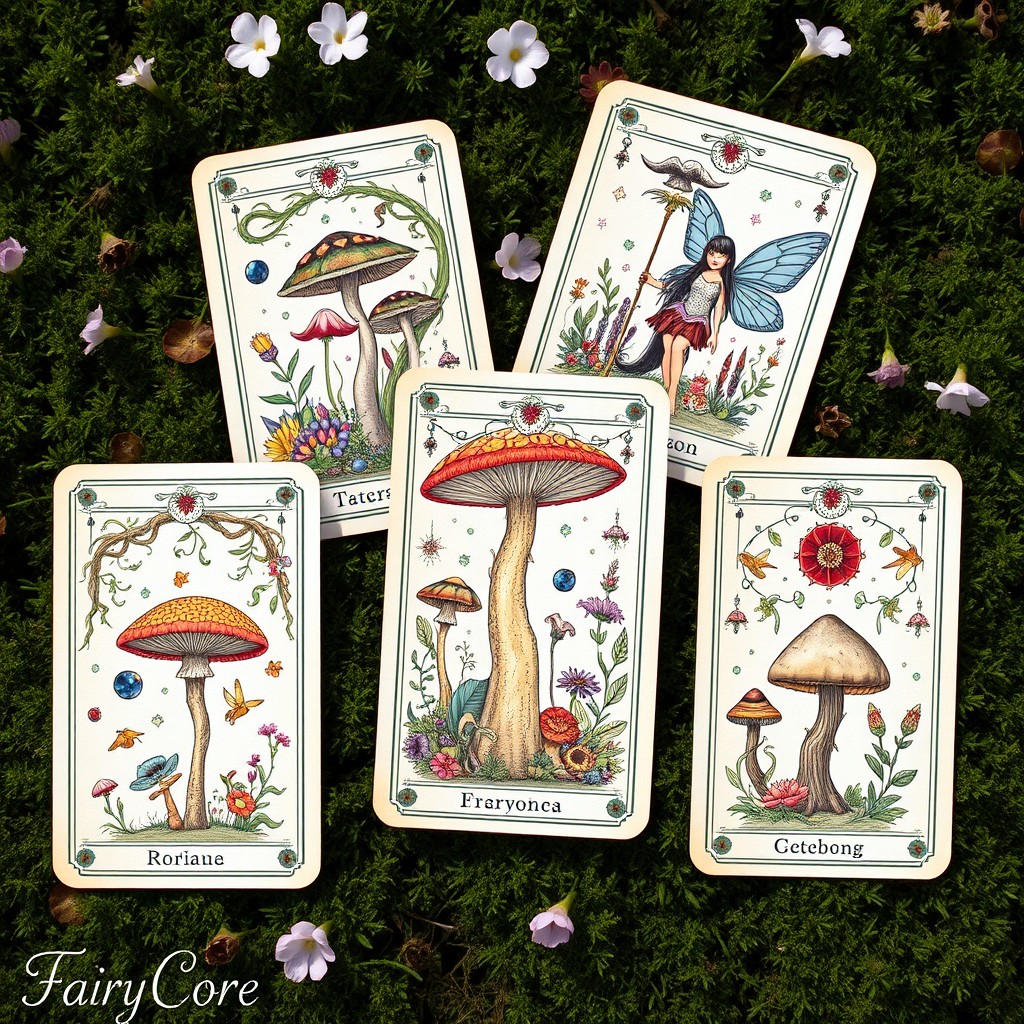 A beautifully illustrated set of tarot cards inspired by fairycore and pagan themes, depicting enchanting woodland scenes filled with whimsical fairies, colorful mushrooms, and sacred symbols
