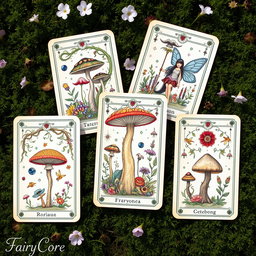 A beautifully illustrated set of tarot cards inspired by fairycore and pagan themes, depicting enchanting woodland scenes filled with whimsical fairies, colorful mushrooms, and sacred symbols