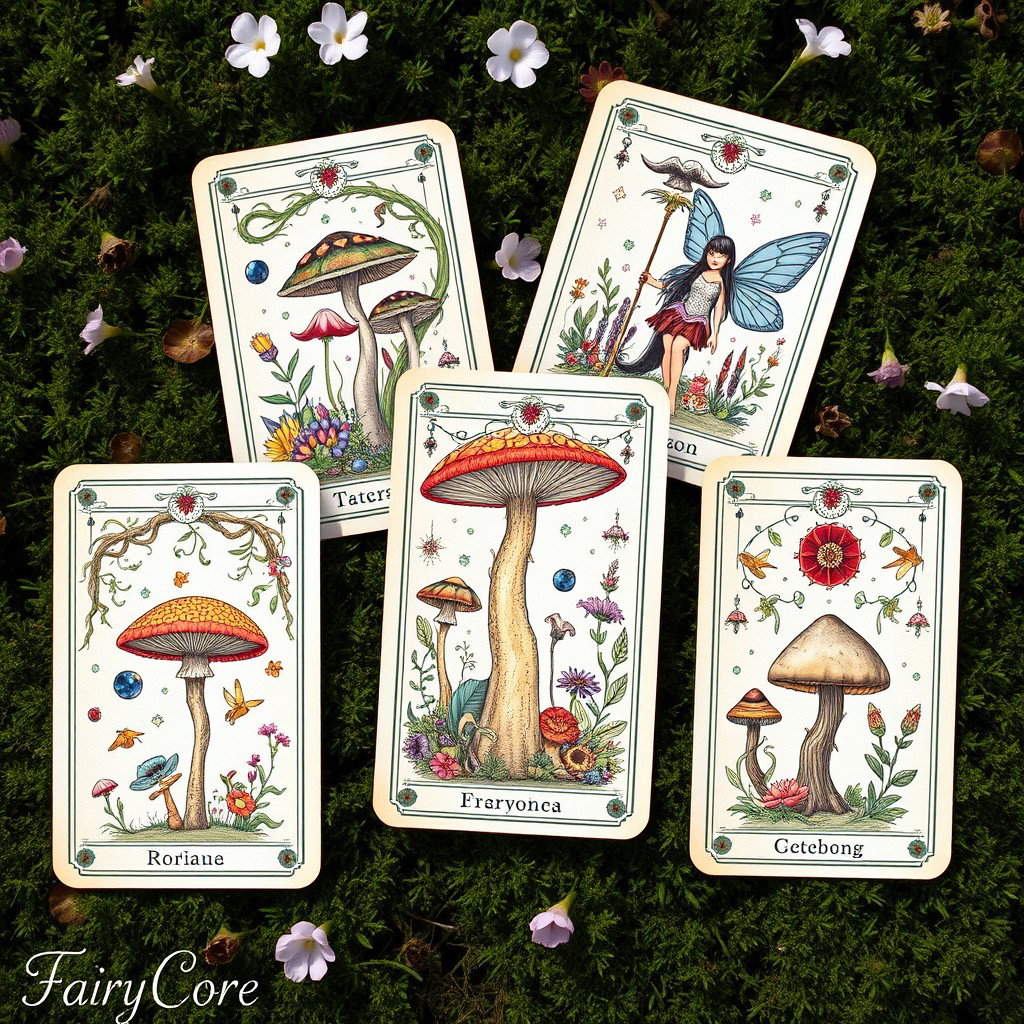 A beautifully illustrated set of tarot cards inspired by fairycore and pagan themes, depicting enchanting woodland scenes filled with whimsical fairies, colorful mushrooms, and sacred symbols