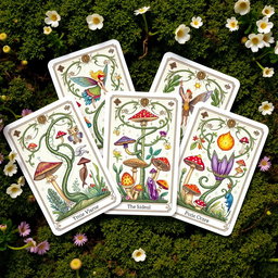 A beautifully illustrated set of tarot cards inspired by fairycore and pagan themes, depicting enchanting woodland scenes filled with whimsical fairies, colorful mushrooms, and sacred symbols