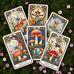 A beautifully illustrated set of tarot cards inspired by fairycore and pagan themes, depicting enchanting woodland scenes filled with whimsical fairies, colorful mushrooms, and sacred symbols