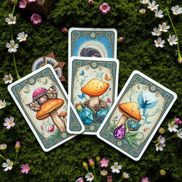 A beautifully illustrated set of tarot cards inspired by fairycore and pagan themes, depicting enchanting woodland scenes filled with whimsical fairies, colorful mushrooms, and sacred symbols