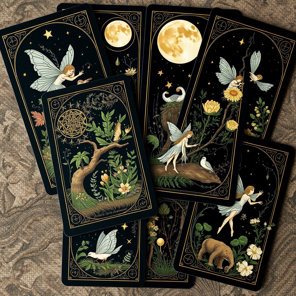 A beautifully illustrated set of tarot cards inspired by pagan themes and whimsical fairycore elements