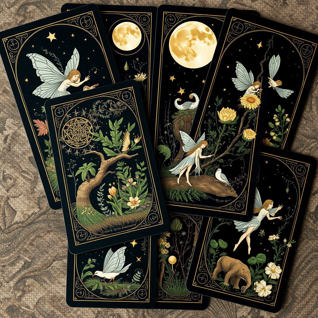 A beautifully illustrated set of tarot cards inspired by pagan themes and whimsical fairycore elements