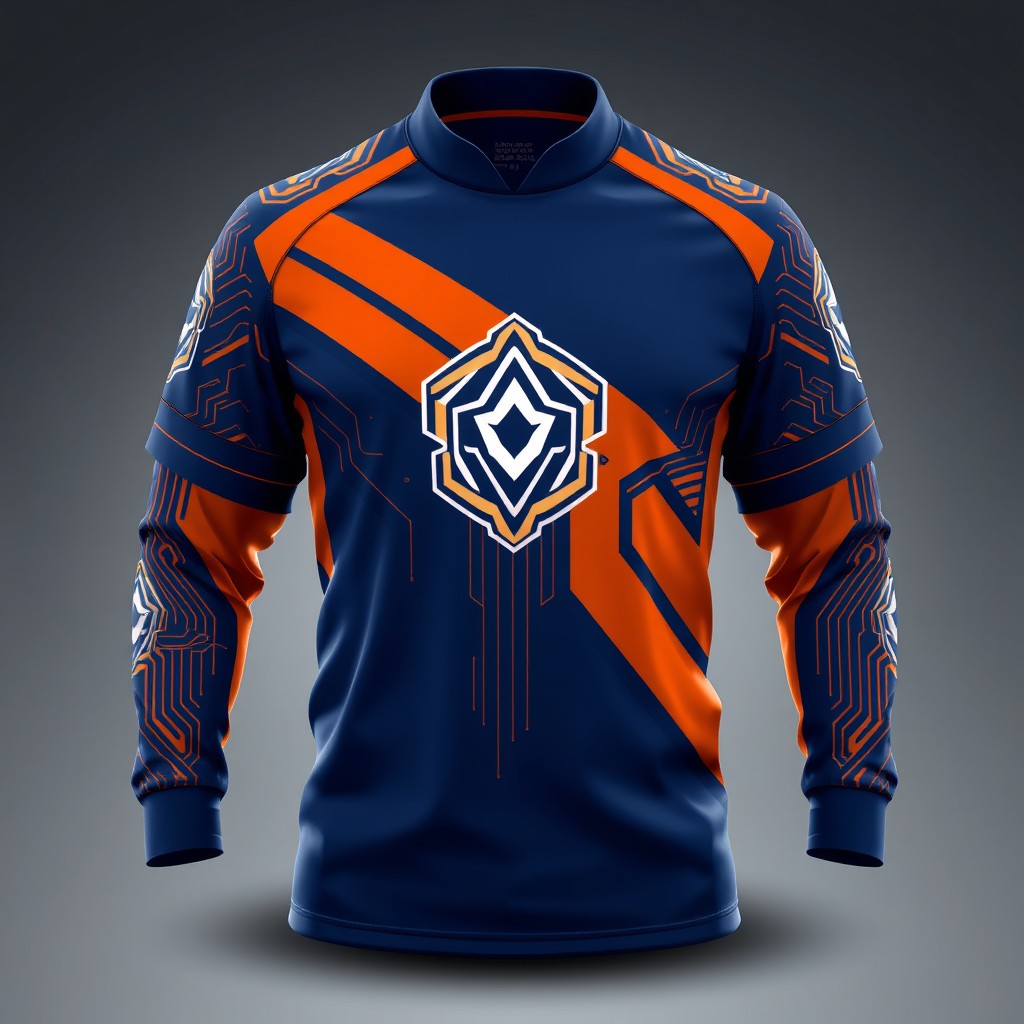 A highly detailed and modern esports team jersey design, featuring a sleek and dynamic look with bold colors like navy blue and bright orange