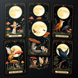 A beautifully illustrated set of tarot cards inspired by pagan themes and whimsical fairycore elements