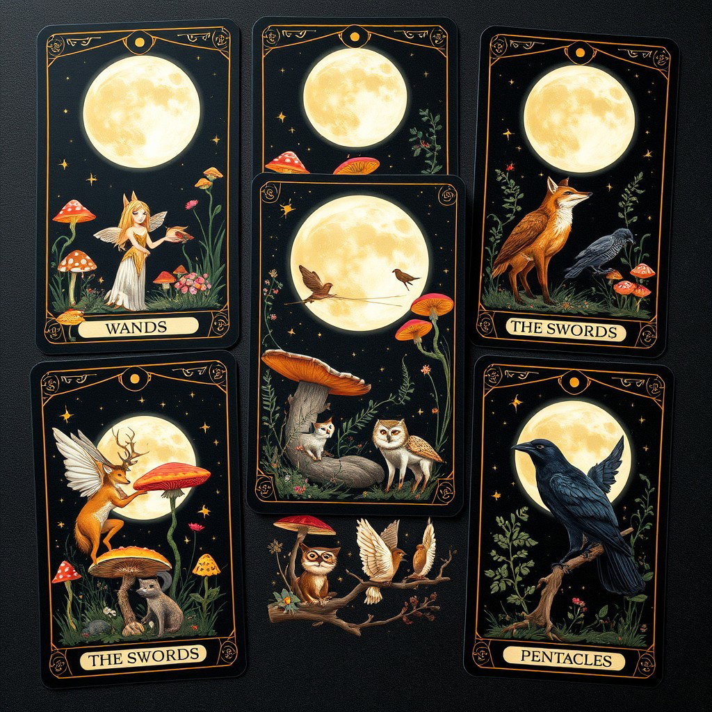 A beautifully illustrated set of tarot cards inspired by pagan themes and whimsical fairycore elements