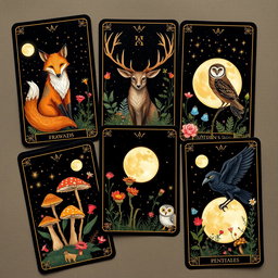A beautifully illustrated set of tarot cards inspired by pagan themes, feminism, and whimsical fairycore elements