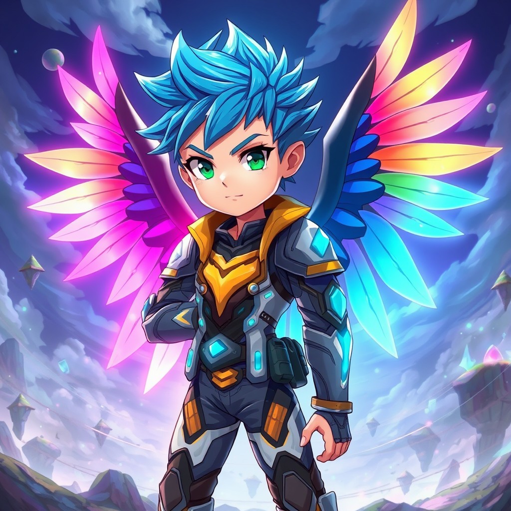 An anime-style boy with vibrant, colorful wings resembling a fantasy game character