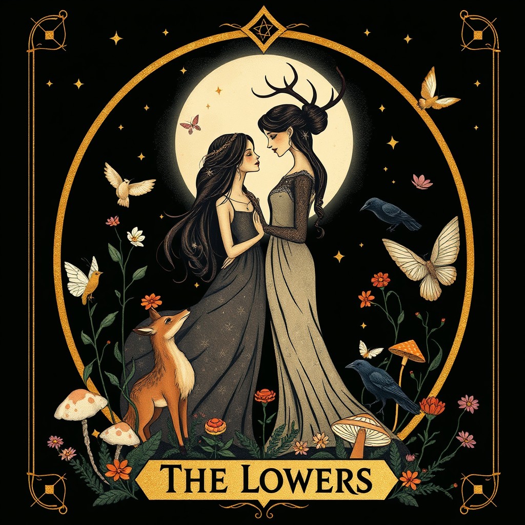 A whimsical and enchanting Tarot card design titled 'The Lovers', inspired by pagan and feminist themes