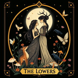 A whimsical and enchanting Tarot card design titled 'The Lovers', inspired by pagan and feminist themes