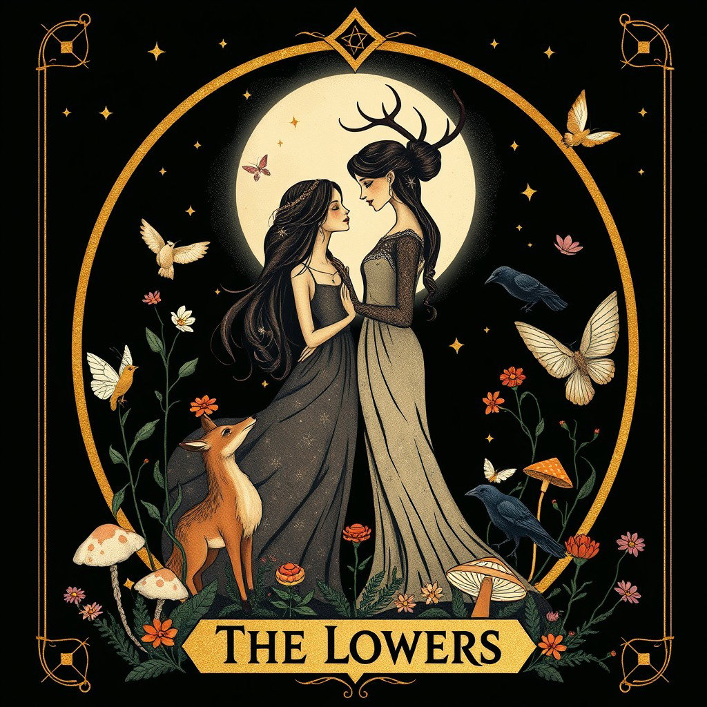 A whimsical and enchanting Tarot card design titled 'The Lovers', inspired by pagan and feminist themes