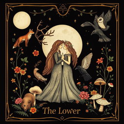 A whimsical and enchanting Tarot card design titled 'The Lovers', inspired by pagan and feminist themes